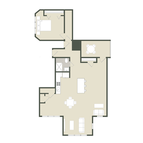 Floor plan for 1 bed, 1 bath, 669 sqft